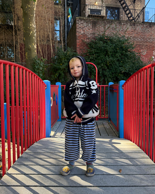 Child standing on a wooden platform with red and blue railings, wearing a navy hoodie and striped pants.