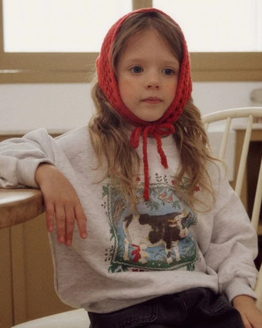 Child wearing a red knitted bonnet and a sweater with a cow design.