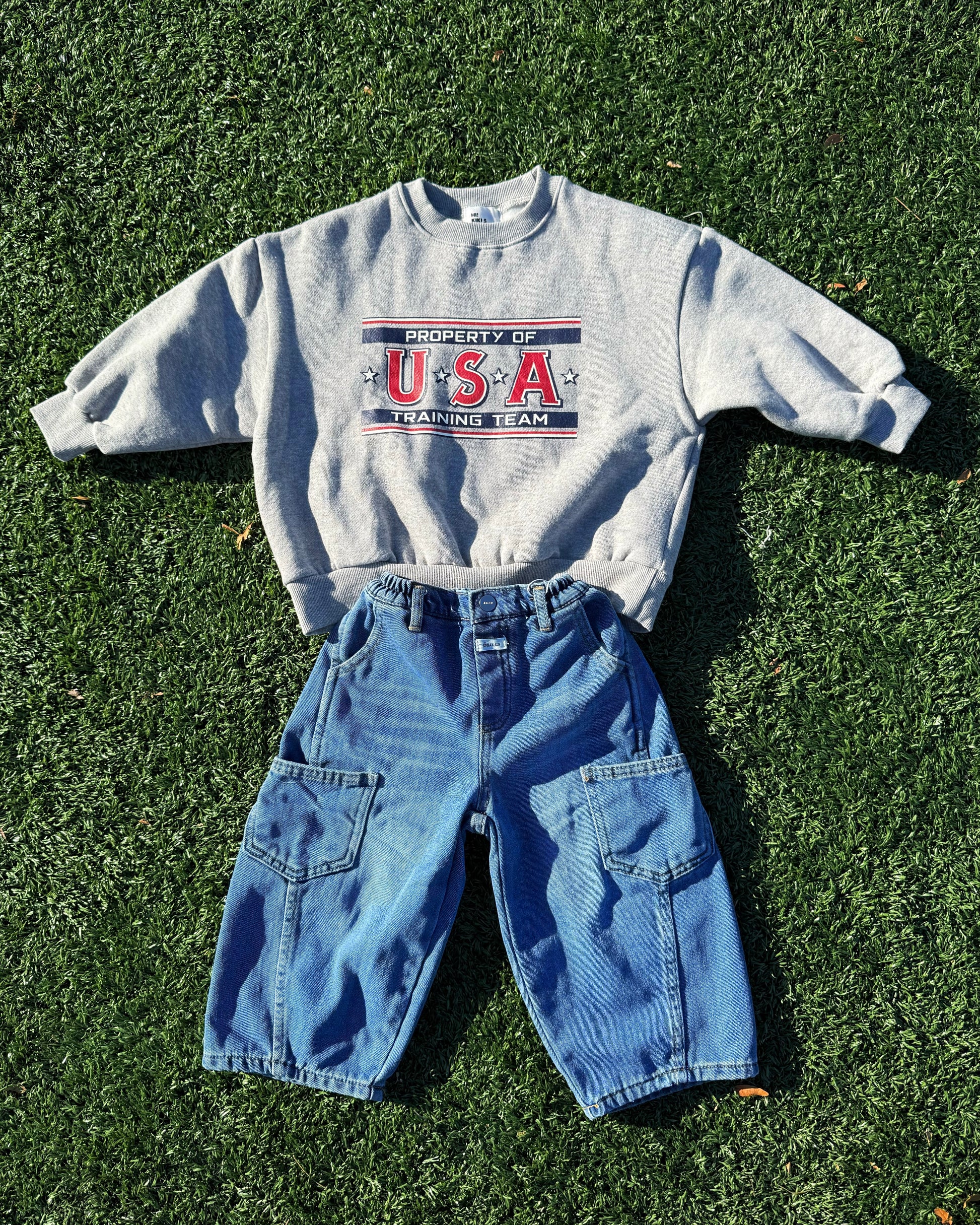 Gray toddler sweatshirt with 'Property of USA Training Team' text and blue jeans on grass.